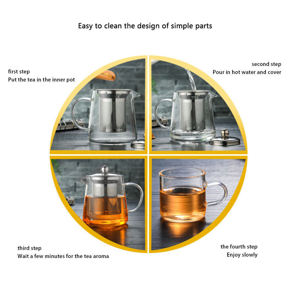 Heat Resistant Clear Glass Teapot Jug With Infuser Coffee Tea Leaf Herbal Pot