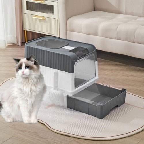 Grey Large Cat Litter Box Cat Pan Drawer Anti-Splashing Cat Potty Tray Cleaning