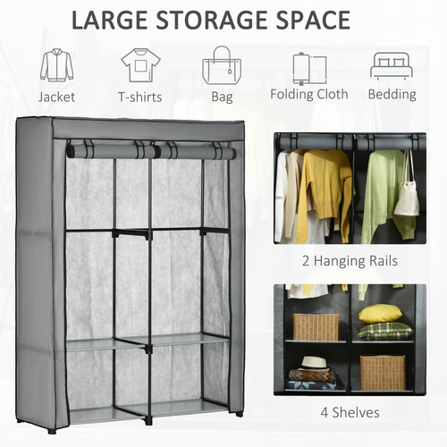 Fabric Wardrobe Portable Fabric Cabinet W/ 4 Shelves 2 Hanging Rails Light Grey