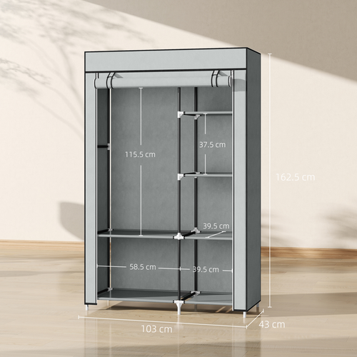 Fabric Wardrobe Portable Wardrobe with 6 Shelves 1 Hanging Rail Light Grey