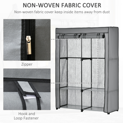 Fabric Wardrobe Portable Fabric Cabinet W/ 4 Shelves 2 Hanging Rails Light Grey