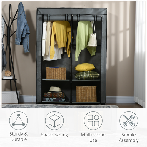 Fabric Wardrobe Portable Fabric Cabinet W/ 4 Shelves 2 Hanging Rails Light Grey