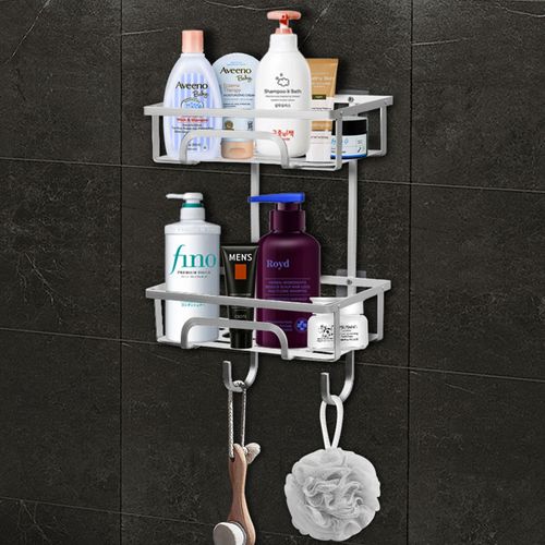 Self Adhesive 2 Tier Aluminium Shower Caddy with Bottom Hooks