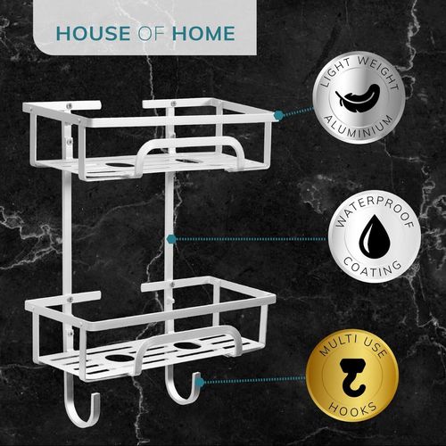 Self Adhesive 2 Tier Aluminium Shower Caddy with Bottom Hooks