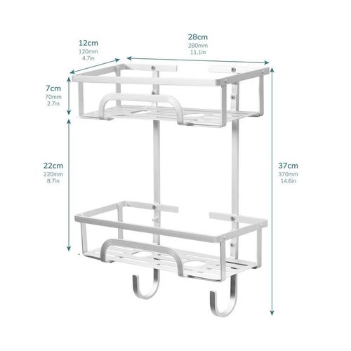 Self Adhesive 2 Tier Aluminium Shower Caddy with Bottom Hooks