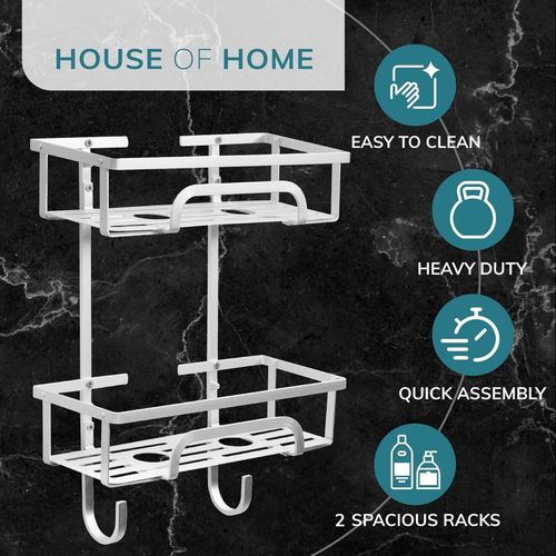 Self Adhesive 2 Tier Aluminium Shower Caddy with Bottom Hooks