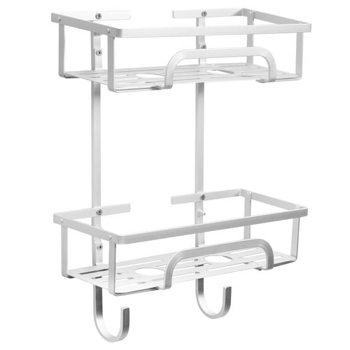 Self Adhesive 2 Tier Aluminium Shower Caddy with Bottom Hooks