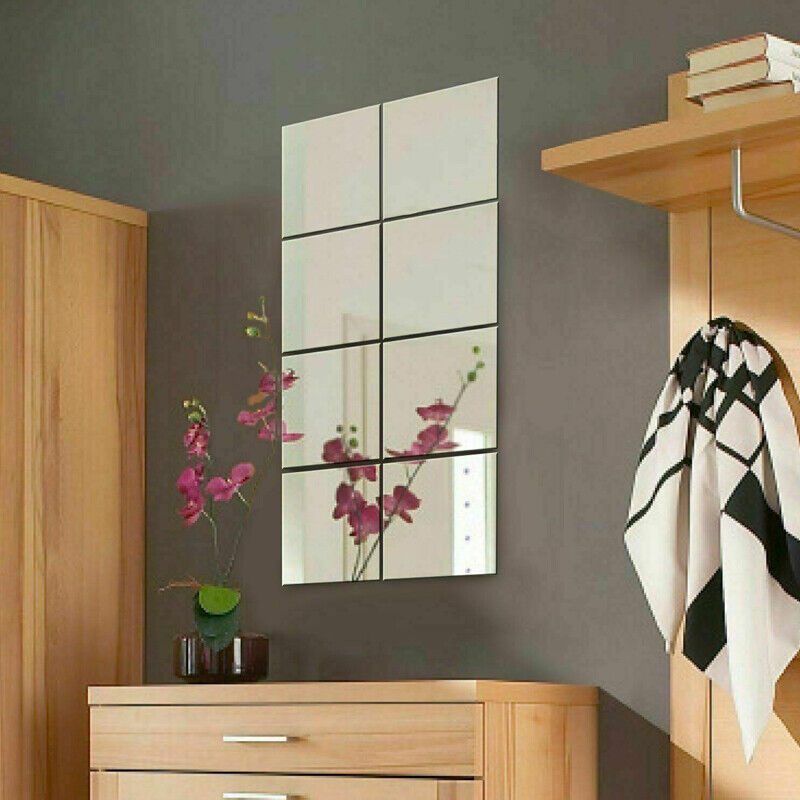 40x Glass Mirror Tiles Wall Sticker Square Self Adhesive Stick On Home Set DIY S