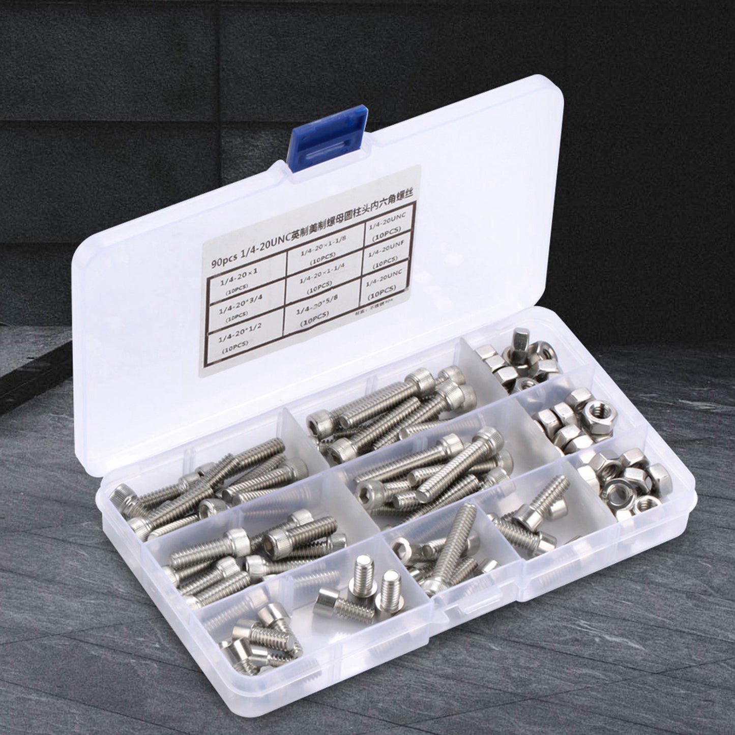 90pcs 1/4-20UNC Stainless Steel Hex Socket Cap Head Bolts Hex Screw Assortment Kit