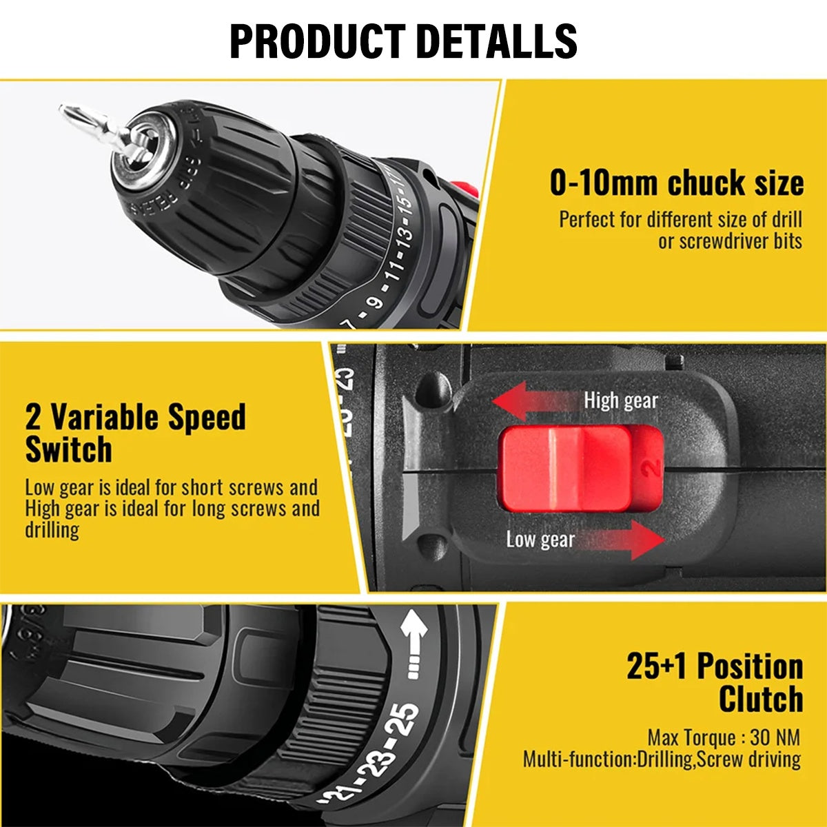 2 Battery 21V Cordless Combi Hammer Impact Drill Driver Electric Screwdriver Kit