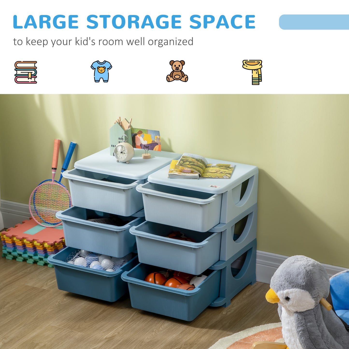 HOMCOM Kids Storage Unit with Six Drawers in Blue-2