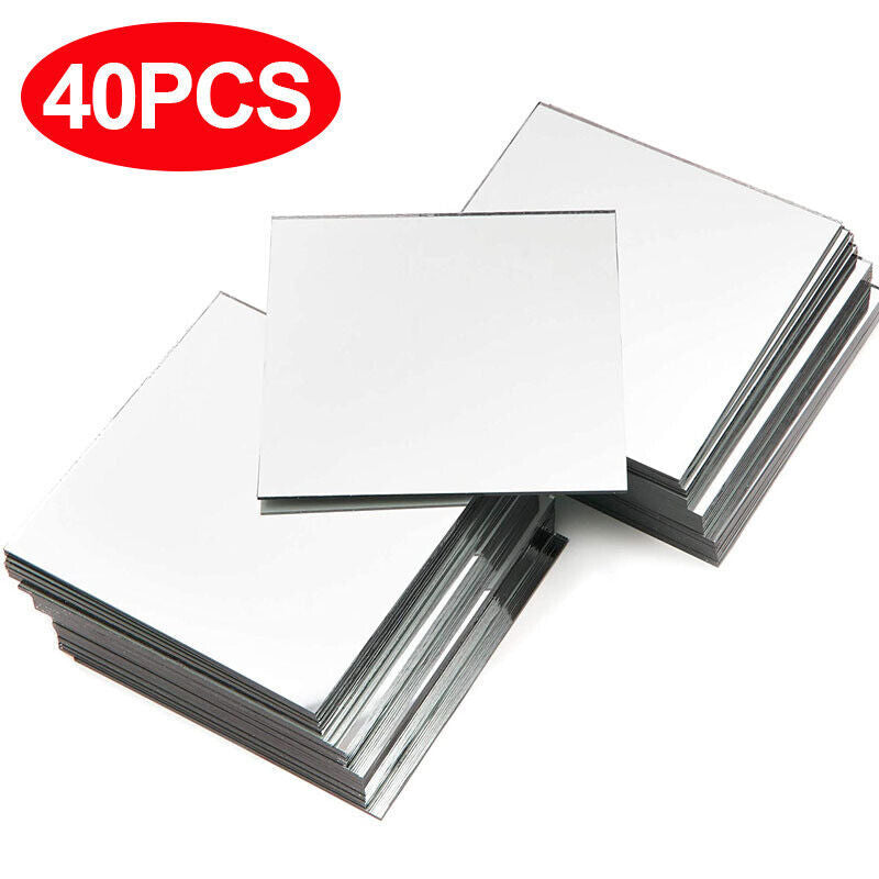 40x Glass Mirror Tiles Wall Sticker Square Self Adhesive Stick On Home Set DIY S