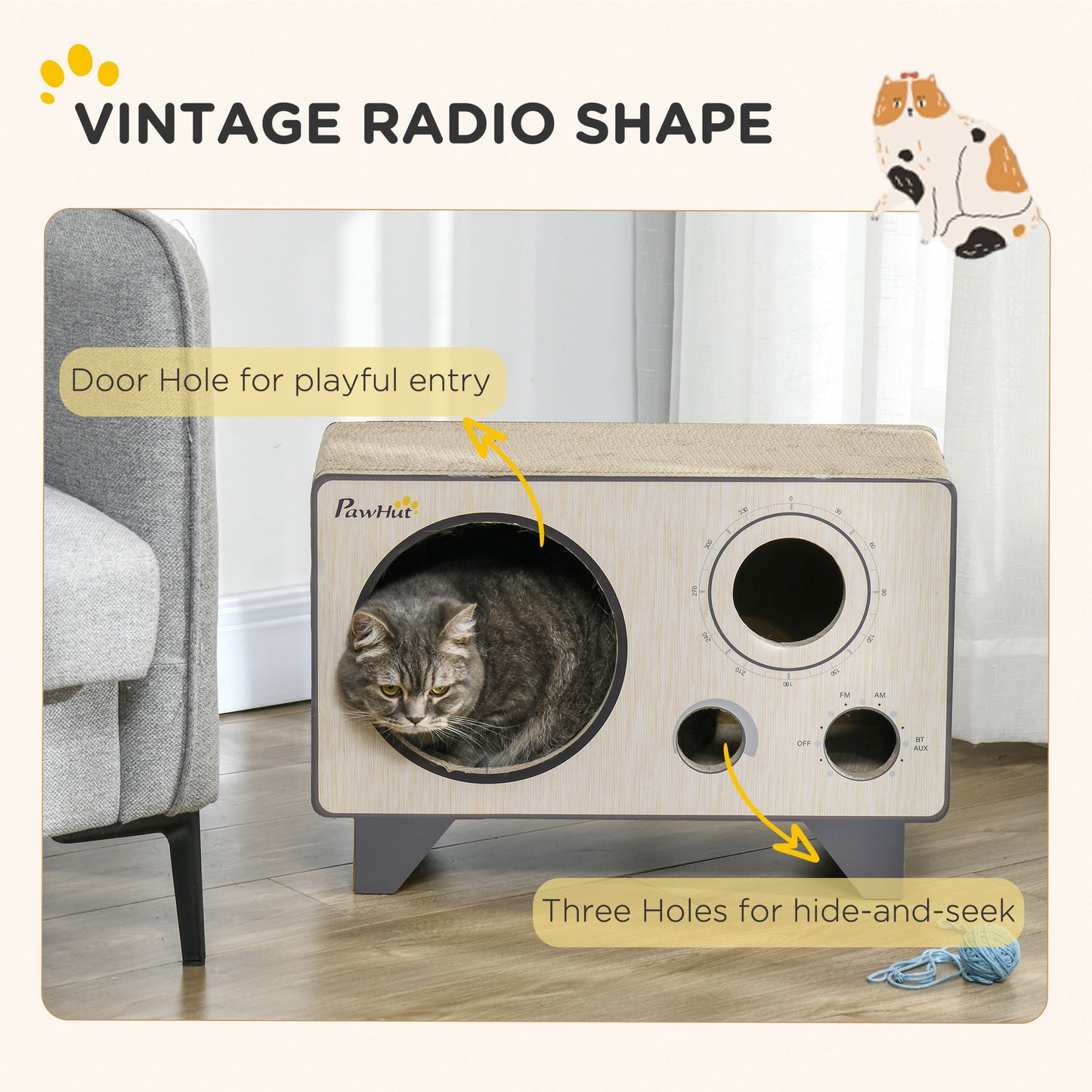 2 in 1 Cat Scratcher, Radio Shape Cat House with Catnip, 57 x 24.5 x 39cm, Natural Wood Finish | PawHut-3