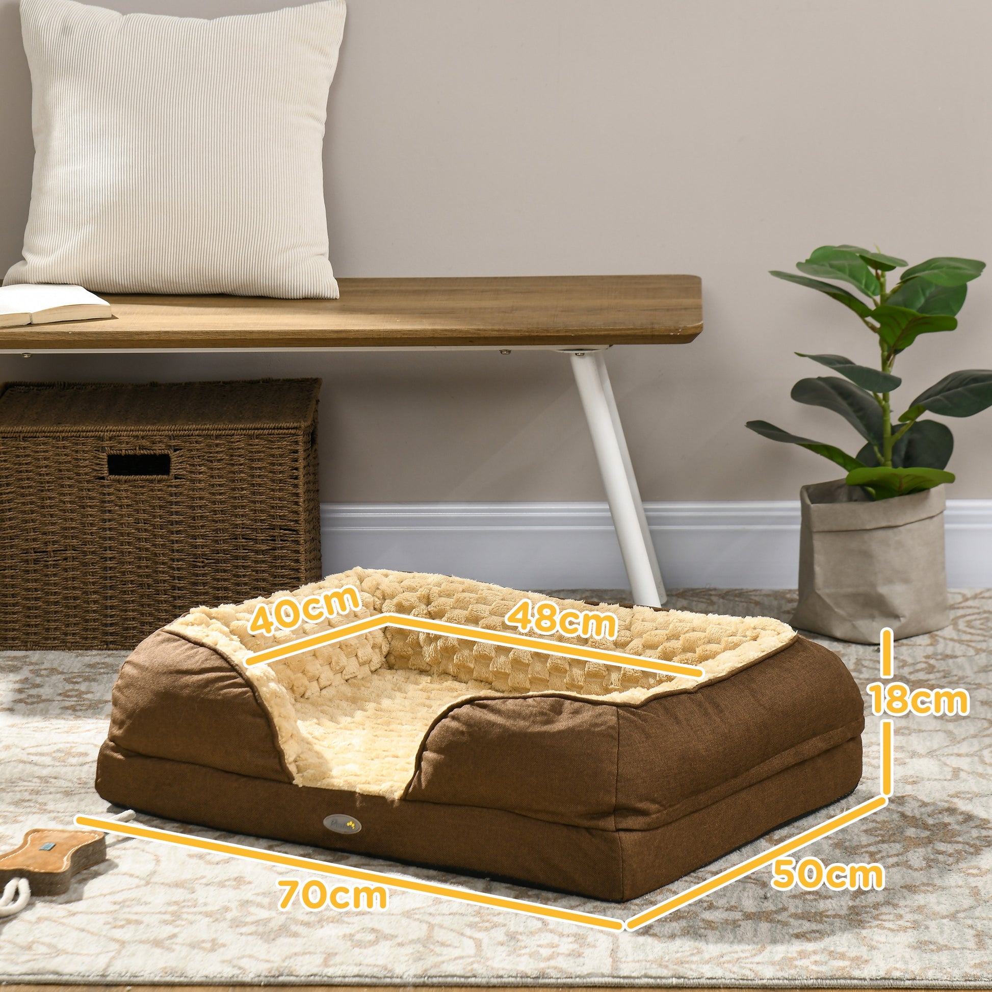 PawHut Calming Dog Bed Pet Mattress w/ Removable Cover, Anti-Slip Bottom, for Small Dogs, 70L x 50W x 18Hcm - Brown-1