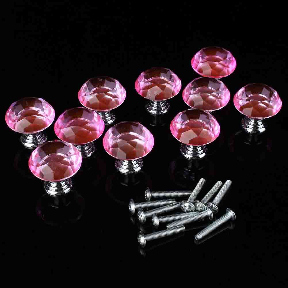 10PCS 30mm Pink Crystal Glass Door Knobs For Drawer Cabinet Kitchen