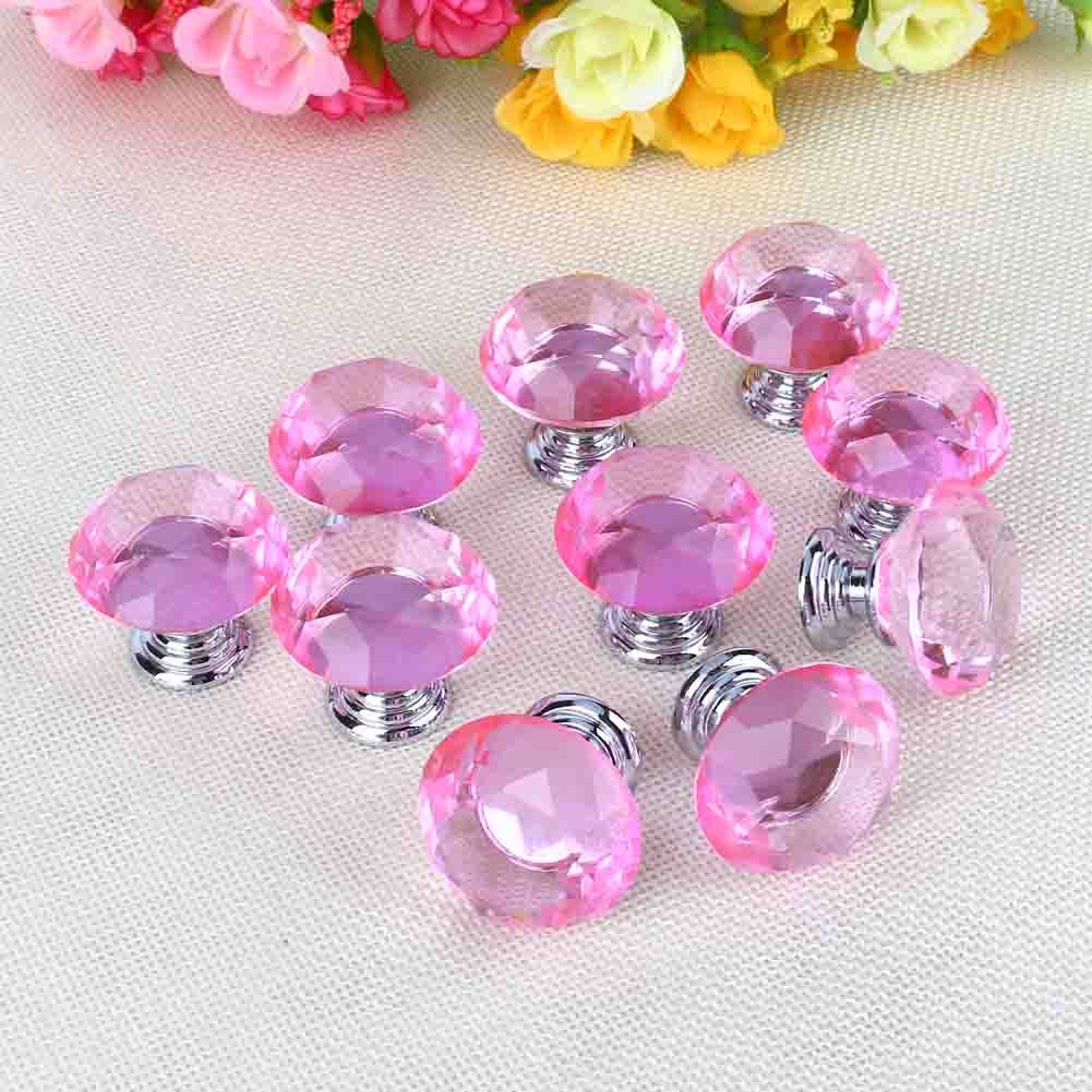 10PCS 30mm Pink Crystal Glass Door Knobs For Drawer Cabinet Kitchen