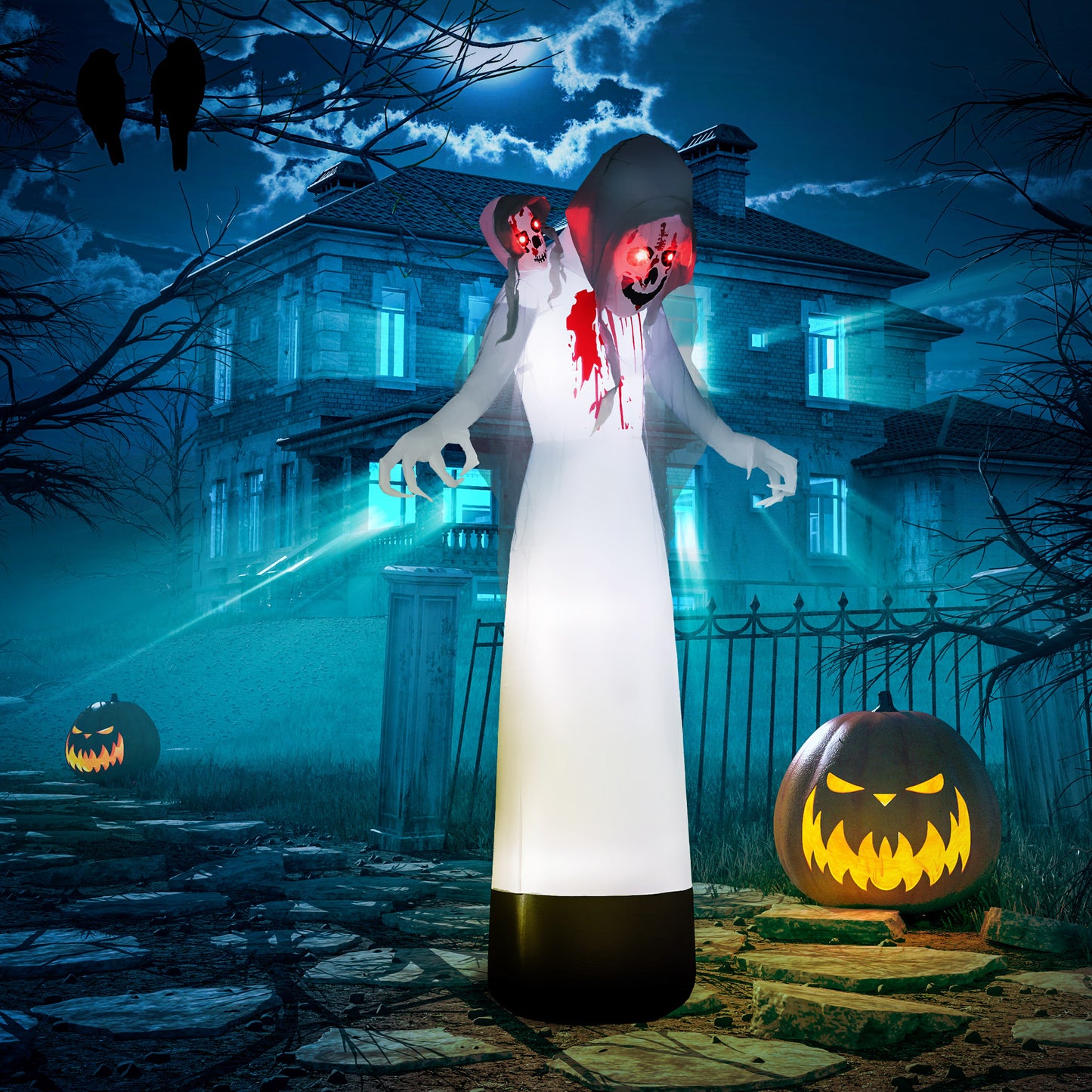 Outsunny 8.9FT Tall Halloween Inflatable Witch Ghost with Three Heads, Blow Up Outdoor Halloween Decoration with Build-in LED Lights for Garden, Lawn, Party-8