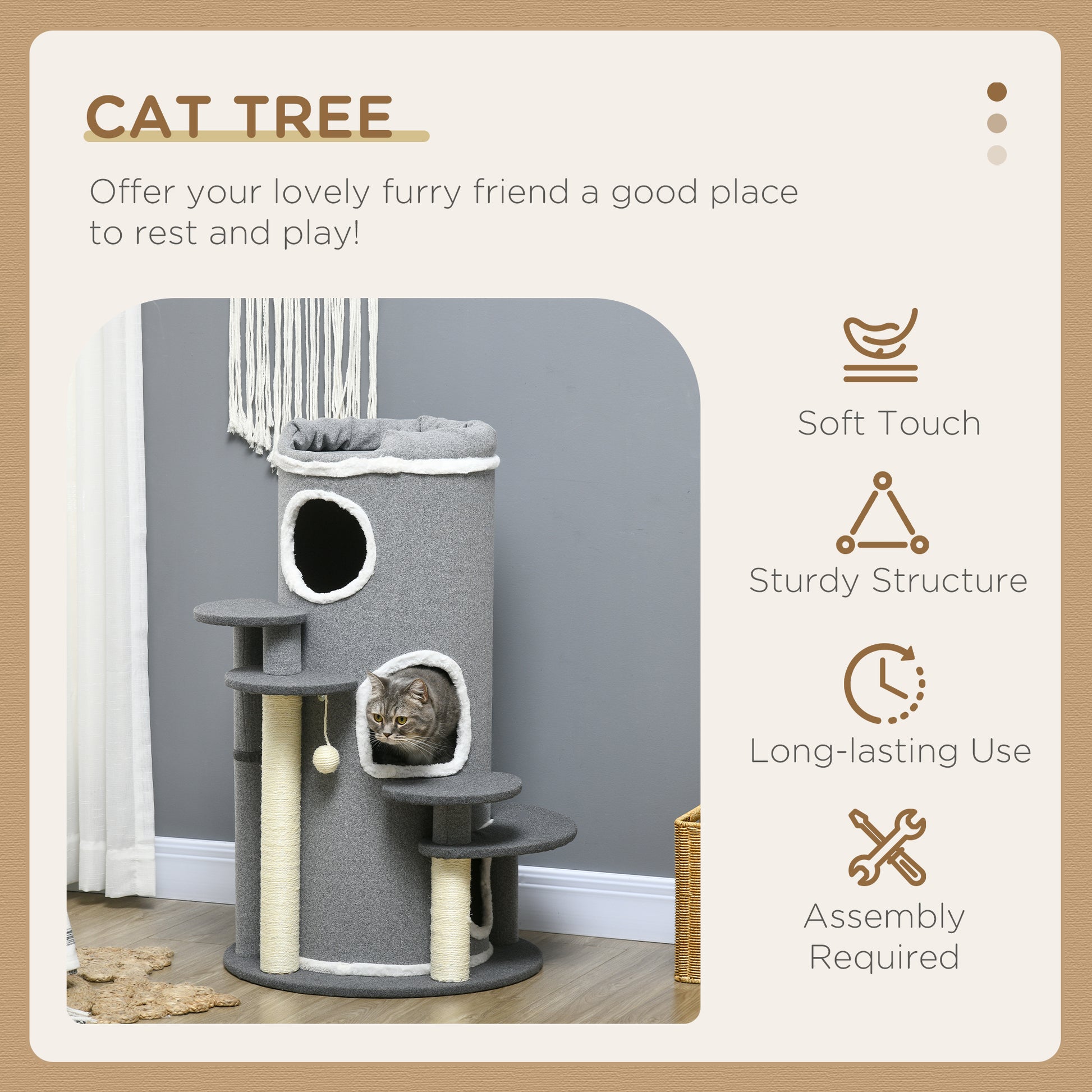 Barrel Shaped Cat Tree with Sisal Scratching Posts, Cat Bed, Platforms, Hanging Ball in Grey | PawHut-2