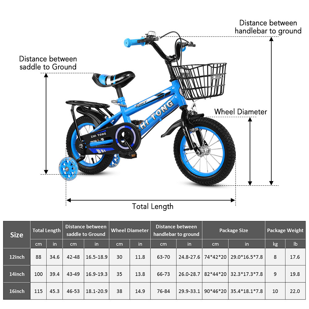 12/14/16 Inch Children Bike Boys Girls Toddler Bicycle Adjustable Height Kid Bicycle with Detachable Basket for 2-7 Years Old