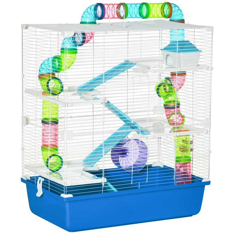 PawHut Hamster Cage with Water Bottle, Exercise Wheel, Tubes, Ramps in Blue or Green-0