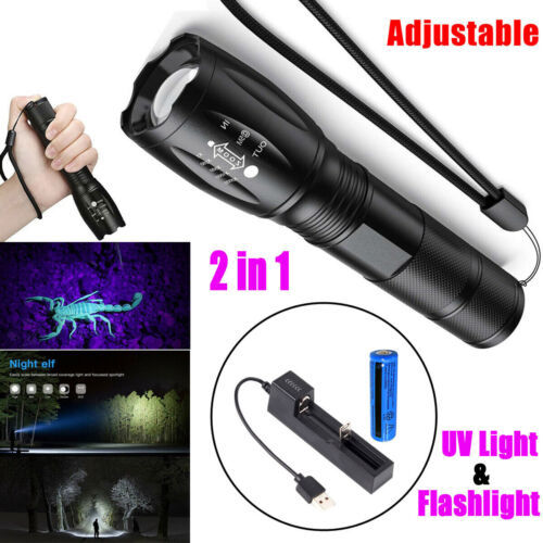 Super Bright Rechargeable LED Flashlight UV Ultra Violet Torch Light