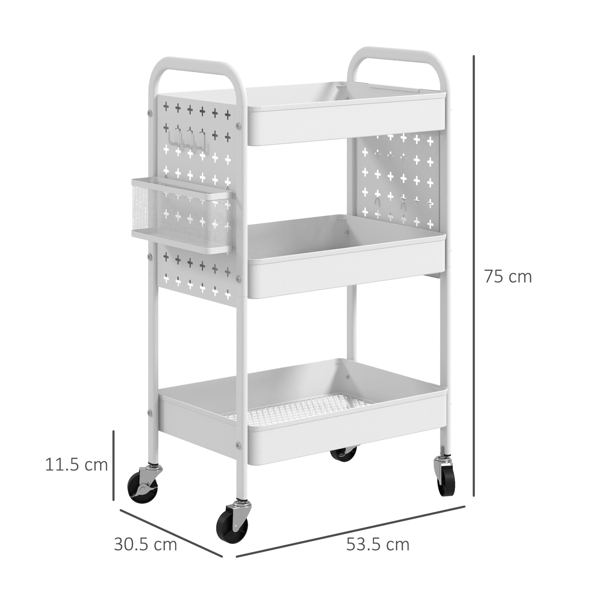 3-tier Storage Trolley on Wheels, Rolling Utility Serving Cart w/ 3 Mesh Baskets, 2 Hanging Boxes & 6 Hooks for Living Room, White | HOMCOM-1