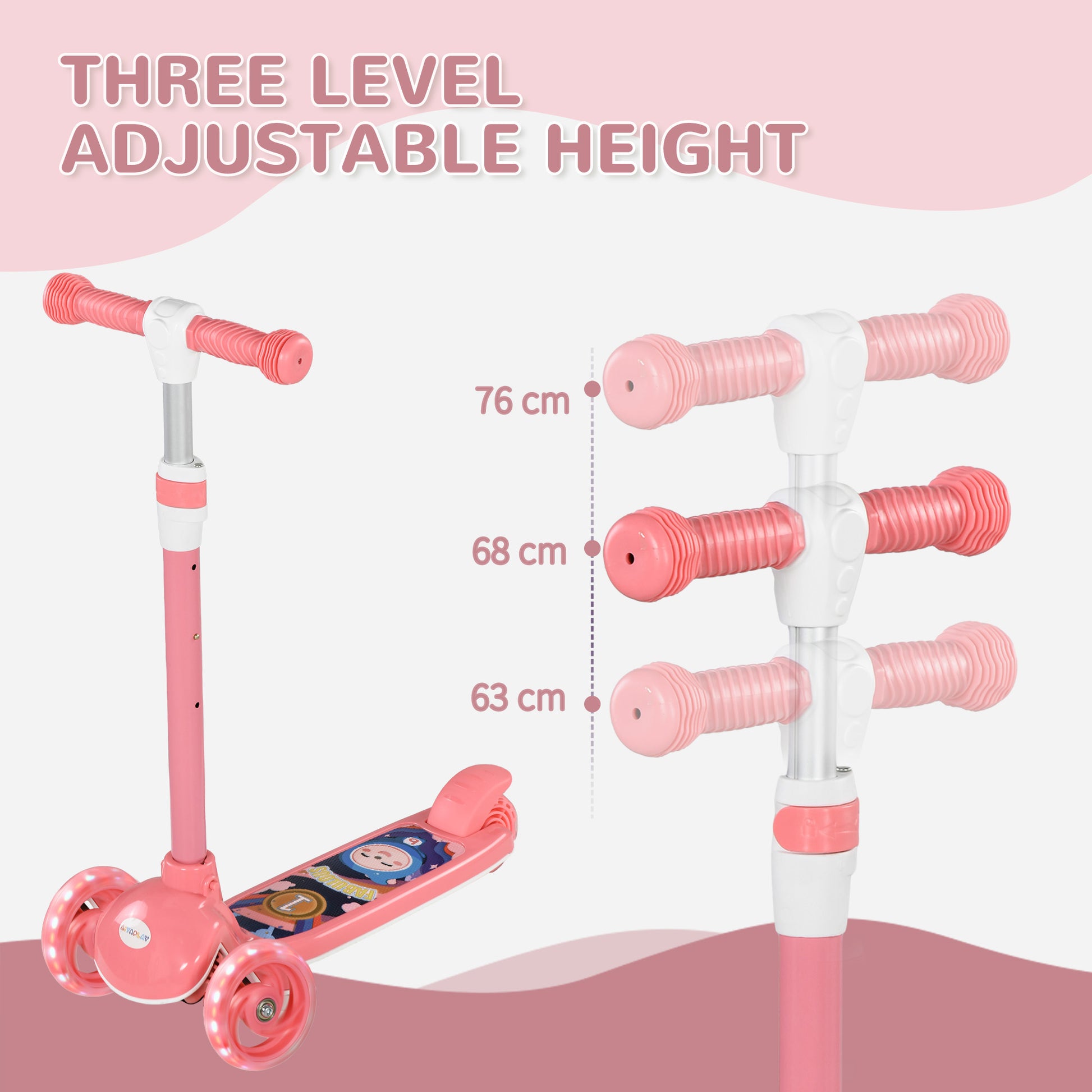 AIYAPLAY Kids 3 Wheel Scooter for 2-6 Years Old with Adjustable Height, LED Light, TPE Handlebar in Pink-2