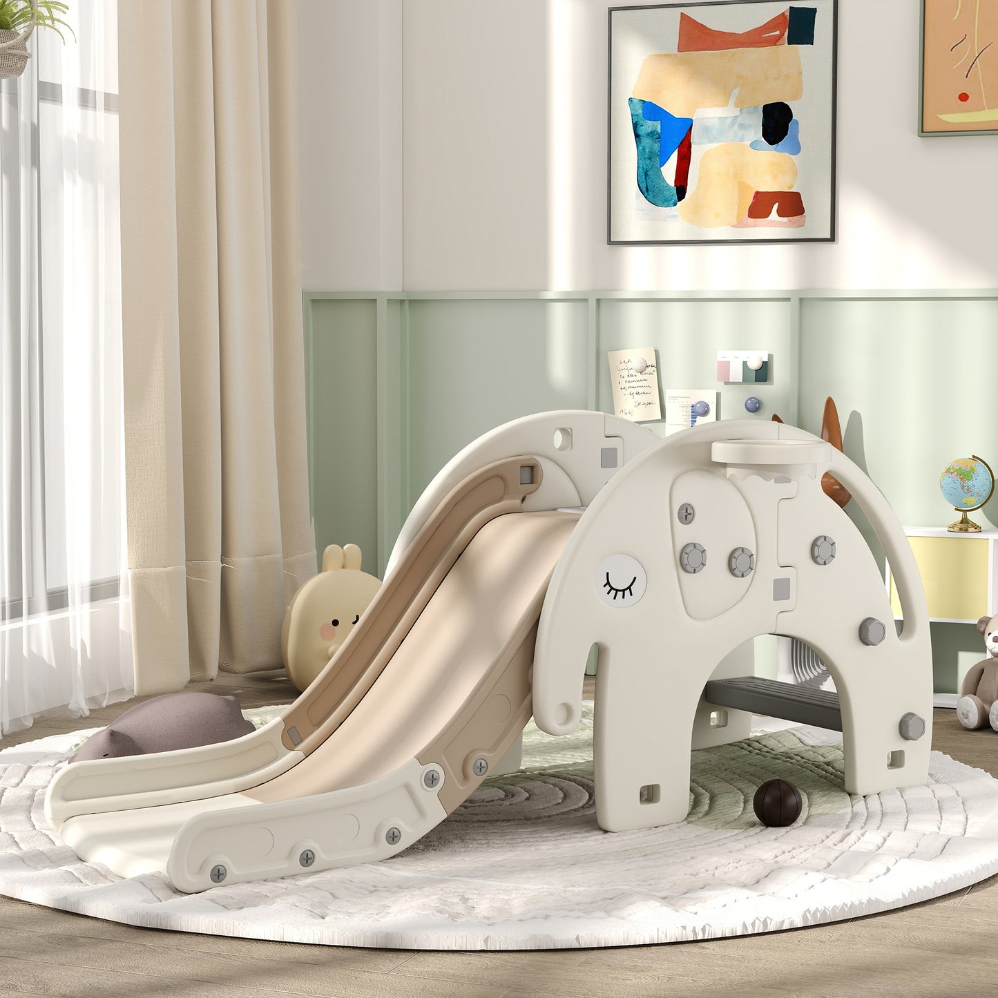 3 in 1 Toddler Slide with Basketball Hoop, Climber, Elephant-Themed, for 1-3 Years in Cream White by AIYAPLAY-8