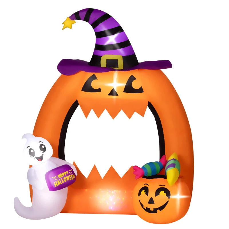 Outsunny 4.9FT Tall Halloween Inflatable Pumpkin Archway with Cute Ghost, Blow-Up Outdoor Halloween Decoration with LED Lights for Lawn, Garden, Party-0