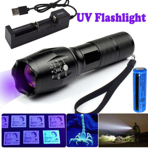 Super Bright Rechargeable LED Flashlight UV Ultra Violet Torch Light