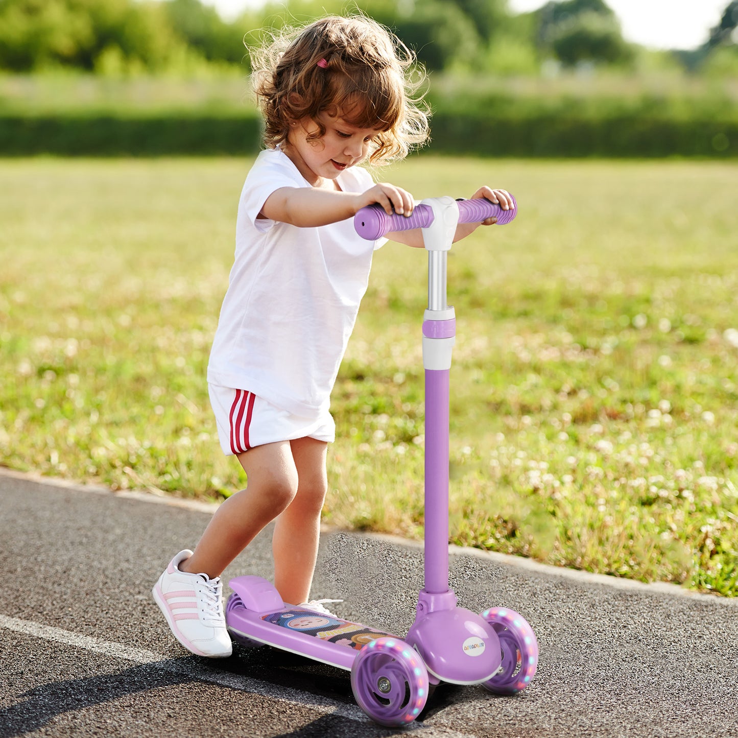 AIYAPLAY Kids 3 Wheel Scooter for 2-6 Years Old w/ Adjustable Height, LED Light, TPE Handlebar, Purple-8