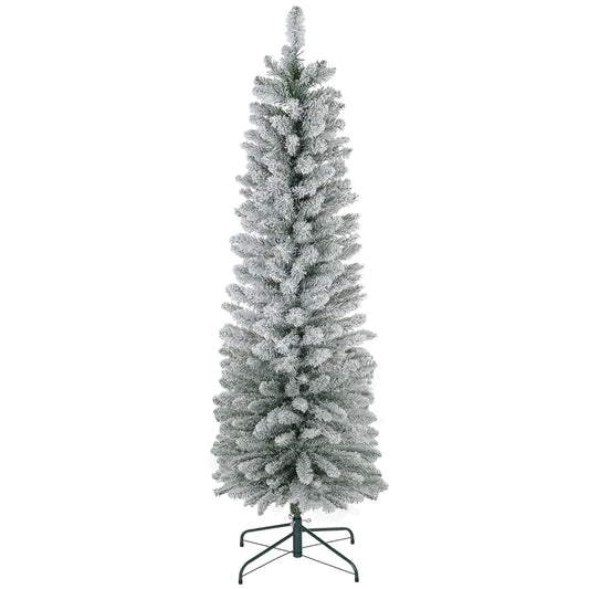 HOMCOM 6ft Artificial Pencil Christmas Tree with 329 Snow Flocked Tips, Metal Base, Realistic Xmas Tree-0