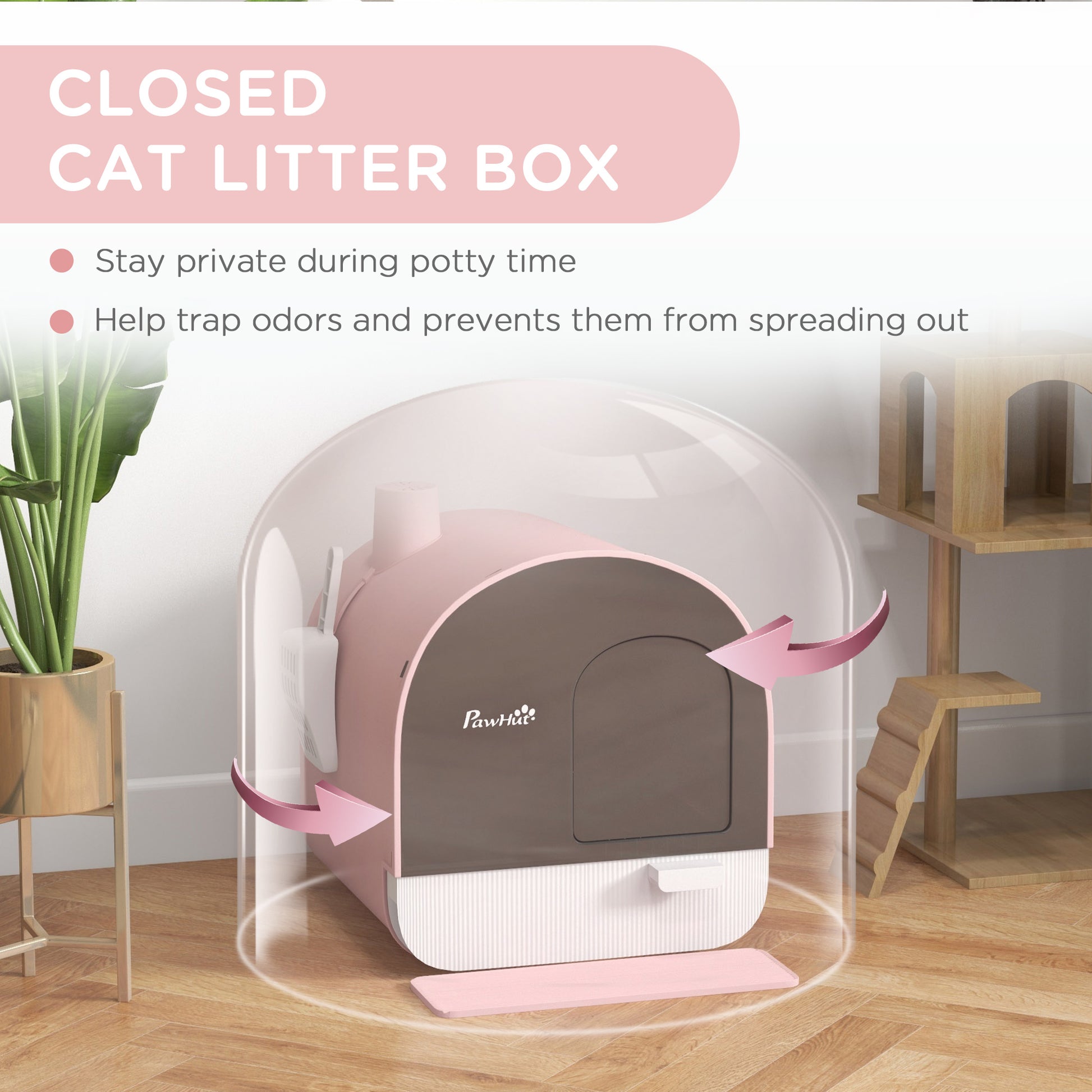 Hooded Cat Litter Box, Kitten Litter Tray, with Lid, Scoop, Filter, Flap Door, Pink | PawHut-3