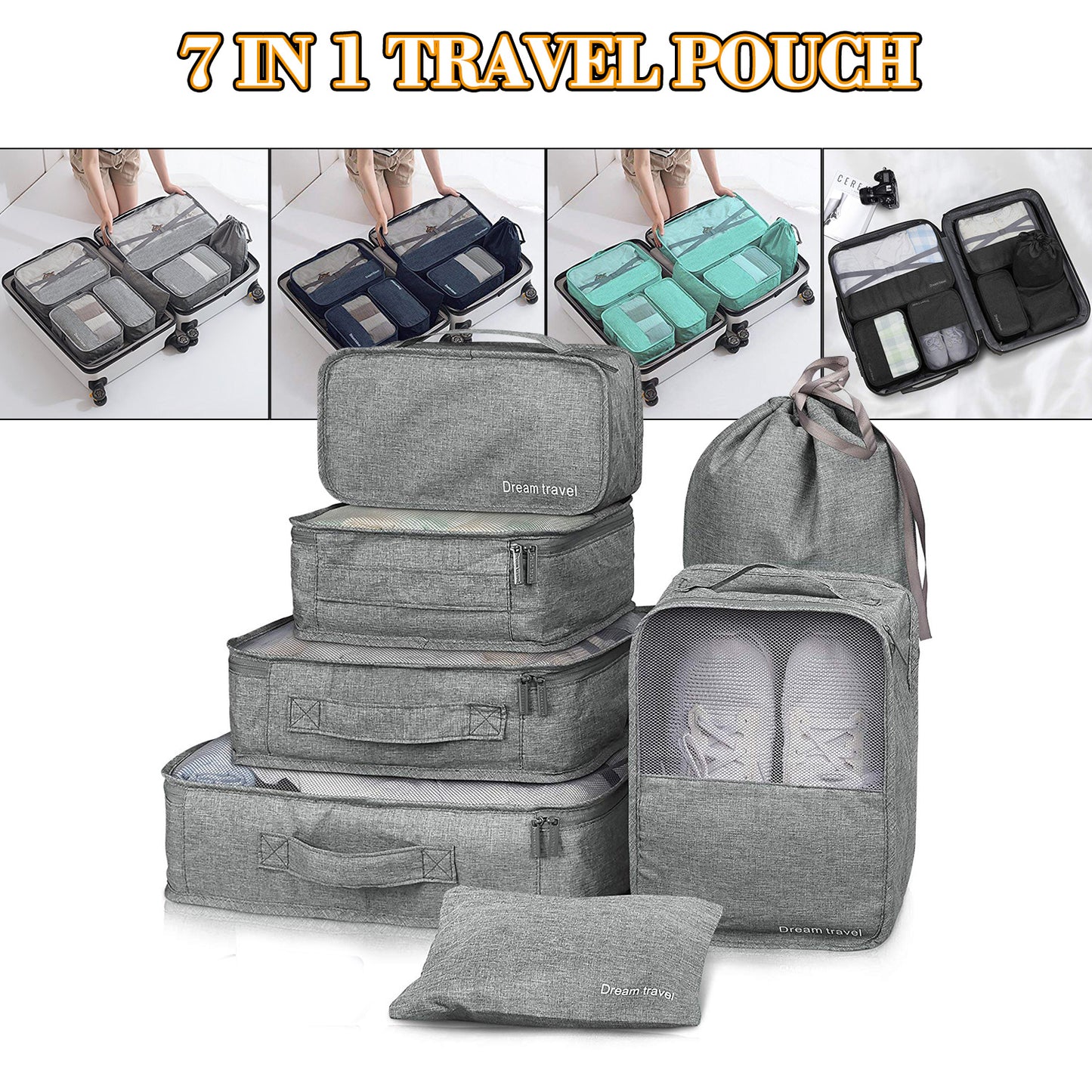 7pcs Packing Cubes Luggage Storage Organiser Travel Compression Suitcase Bags