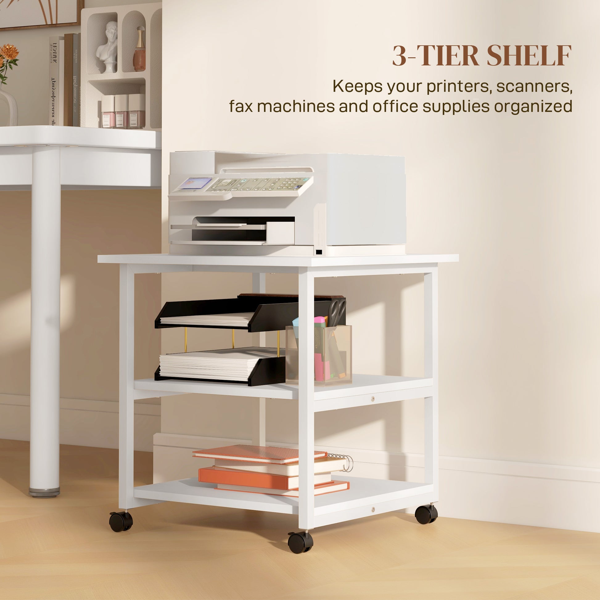 3-Tier Printer Stand w/ Storage Shelf, Mobile Printer Table on Wheels, 50 x 50 x 52.5cm Rolling Printer Cart for Home Office, White | HOMCOM-2