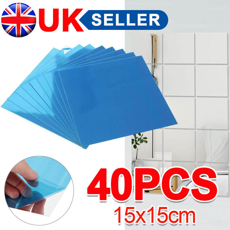40x Glass Mirror Tiles Wall Sticker Square Self Adhesive Stick On Home Set DIY S