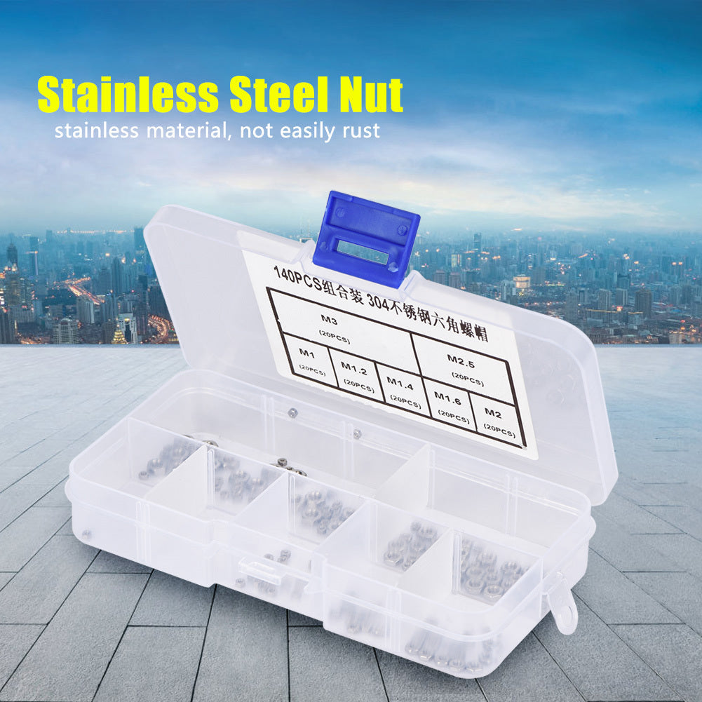 140pcs M1/M1.2/M1.4/M1.6/M2/M2.5/M3 Thread Stainless Steel Hex Hexagonal Nuts