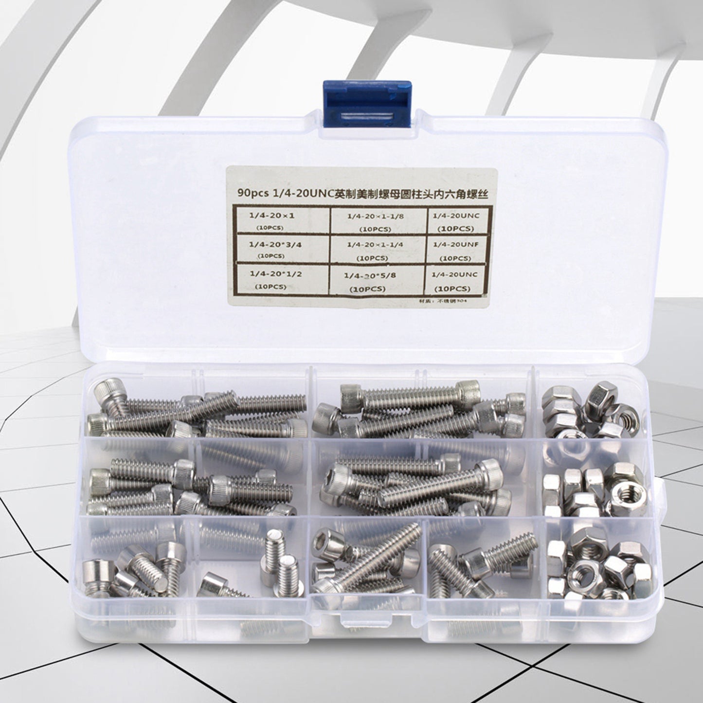 90pcs 1/4-20UNC Stainless Steel Hex Socket Cap Head Bolts Hex Screw Assortment Kit