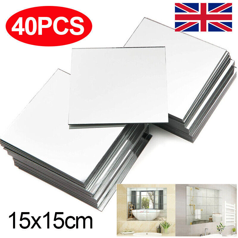 40x Glass Mirror Tiles Wall Sticker Square Self Adhesive Stick On Home Set DIY S