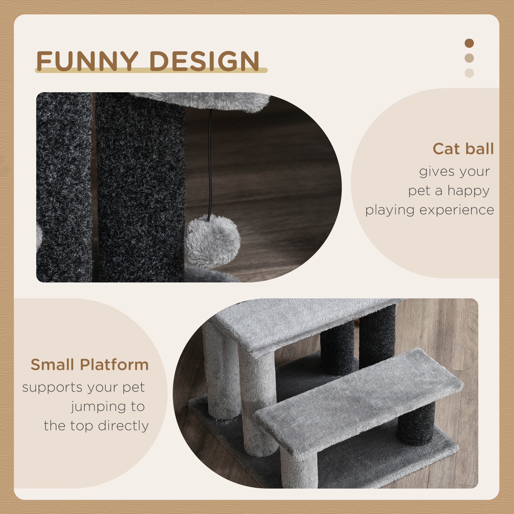 PawHut 3-step Pet Stairs with Scratching Posts, Platforms, Toy Ball in Grey-3