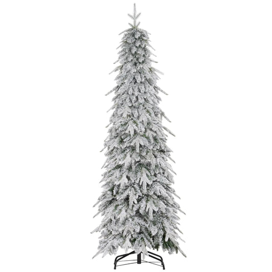 HOMCOM 6ft Pencil Artificial Christmas Tree, Snow Flocked Xmas Tree with Downswept Branches and 600 Tips, Auto Open, Steel Base, Holiday Decoration for Home Office, Green-0