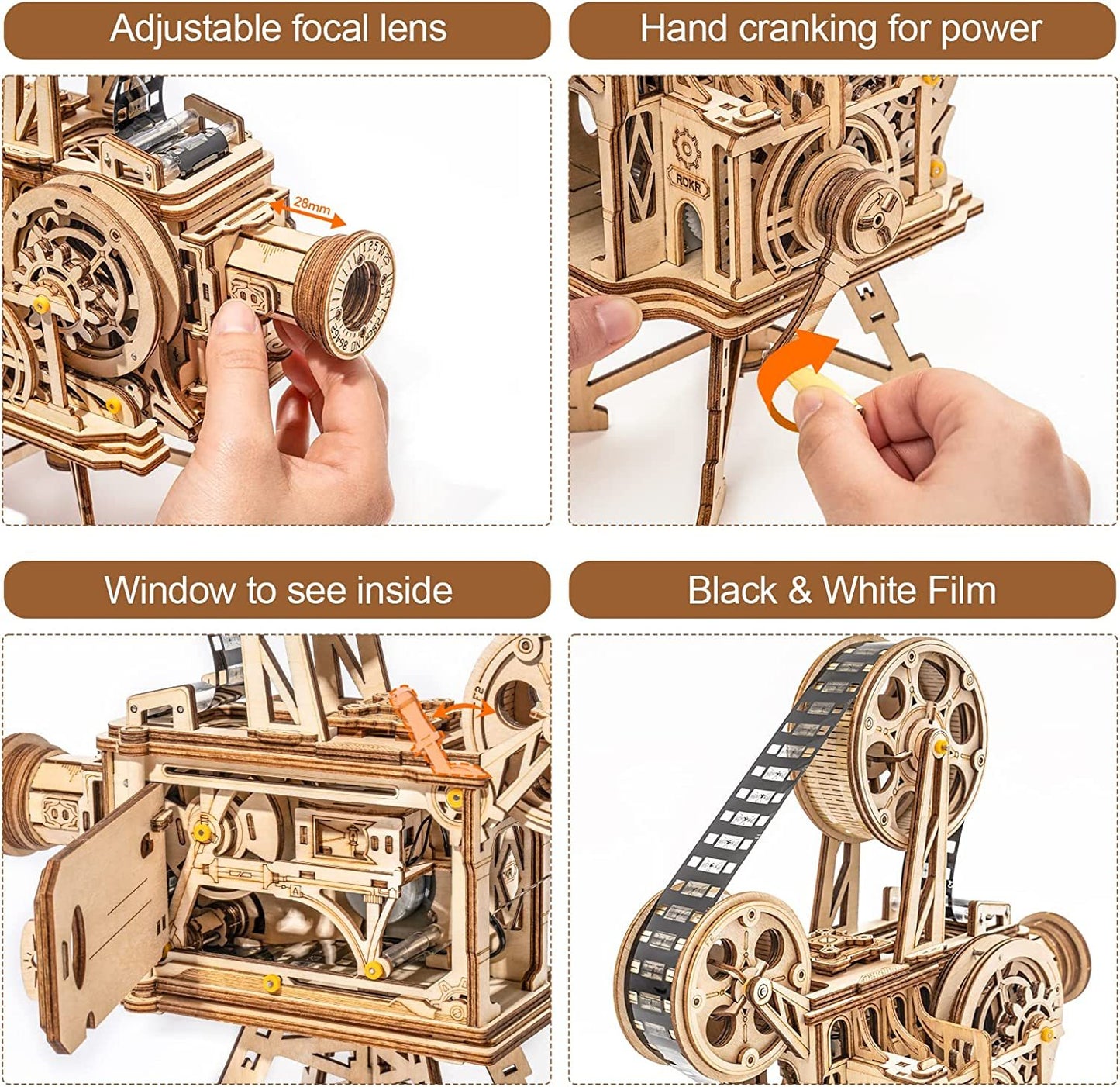 ROKR 3D Wooden Puzzles Vitascope Mechanical Building Kits Movie Projector Toys