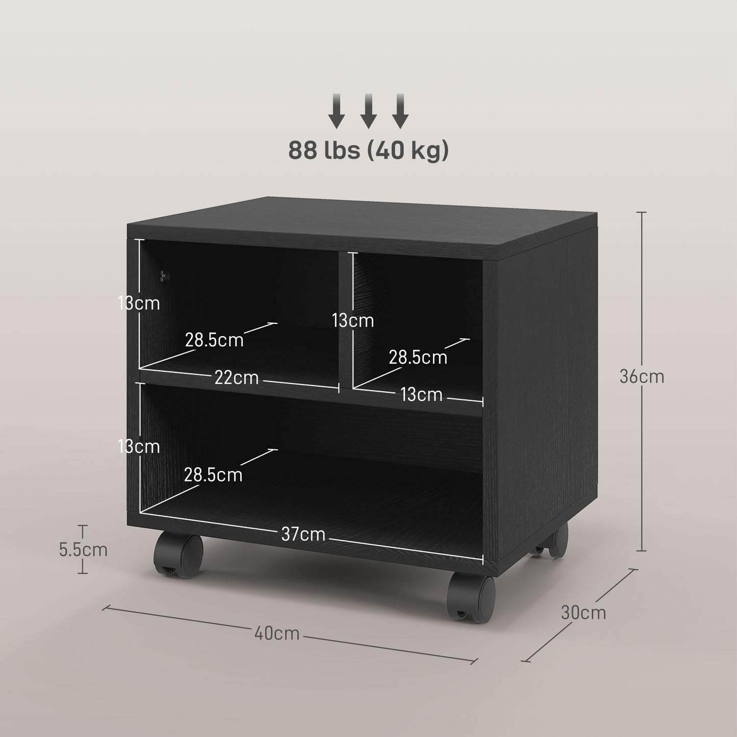 2-Tier Printer Stand Cabinet with Storage, Under Desk Printer Cart on Wheels with 3 Compartments, Desktop Printer Table for Office in Black | HOMCOM-1