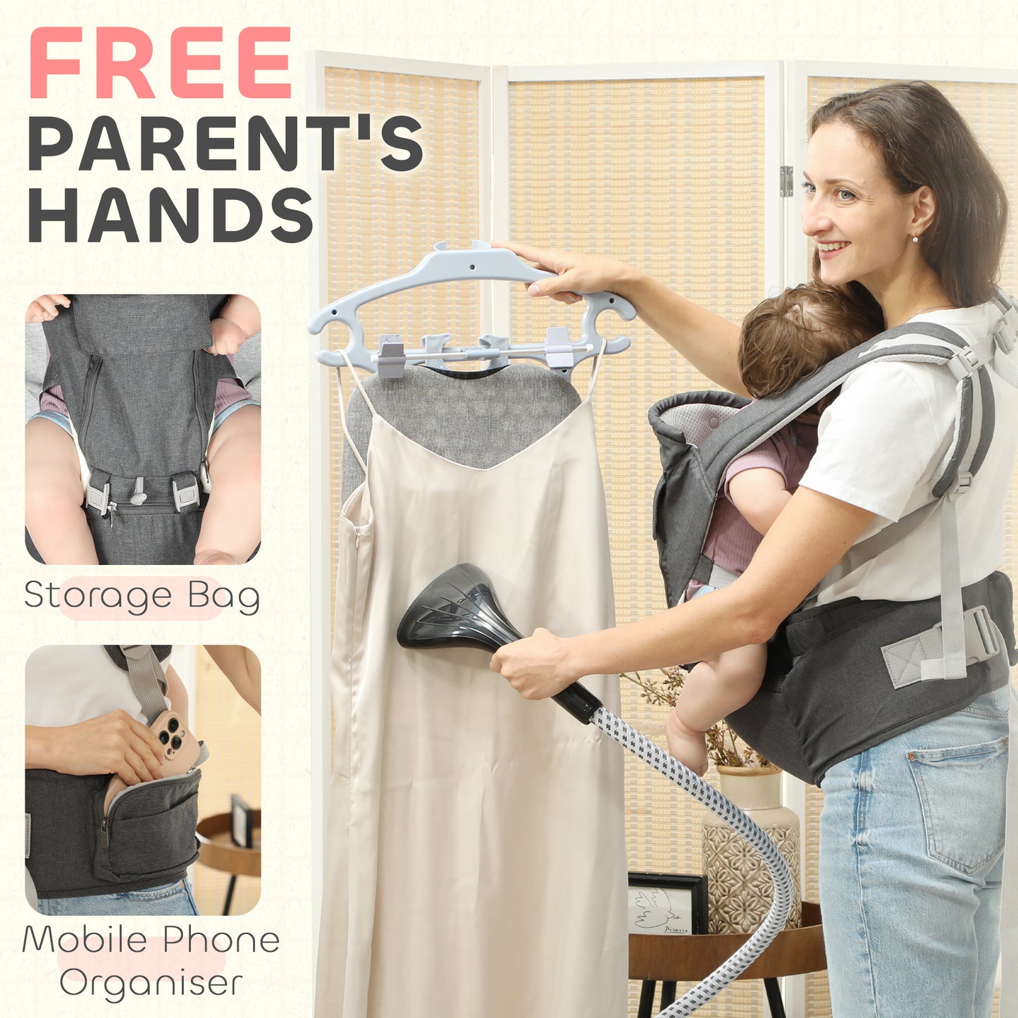 AIYAPLAY 6 in 1 Baby Carrier Newborn to Toddler with Removable Seat for 0-36 Months, Up to 15kg in Grey-5