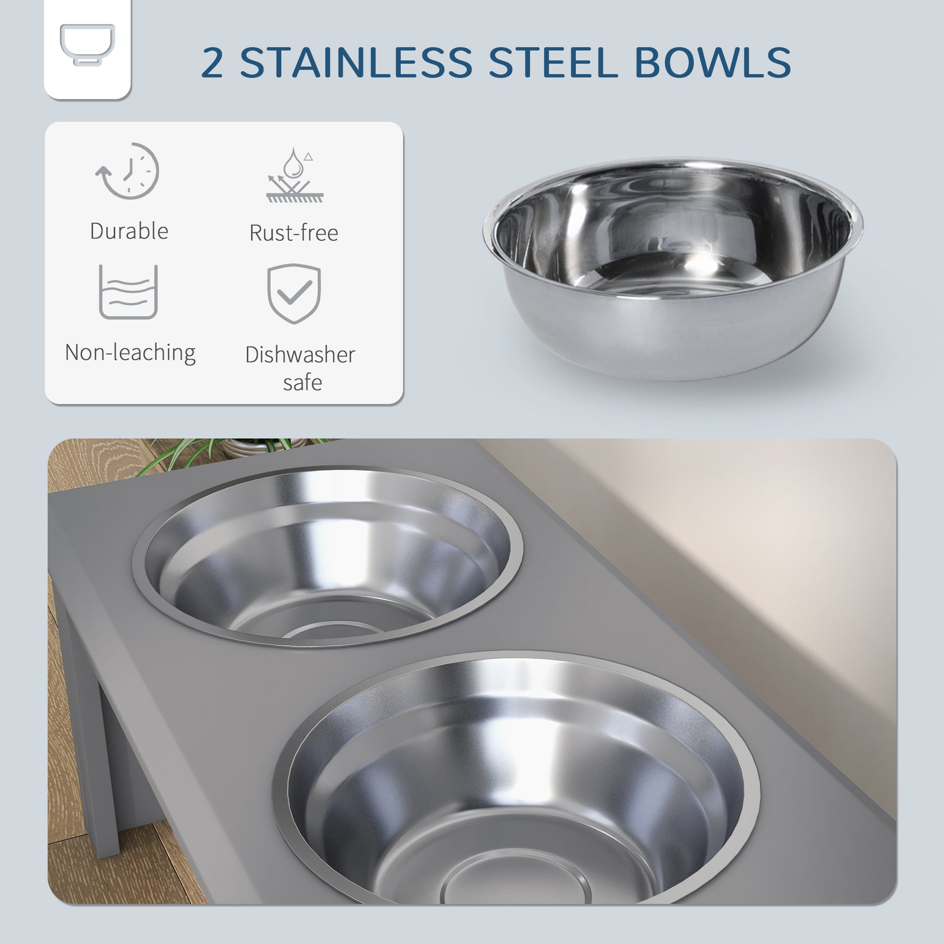 Raised Dog Feeding Bowls with Stand, Stainless Steel for Small and Medium Dog, 58L x 31W x 25H cm - Grey | PawHut-3