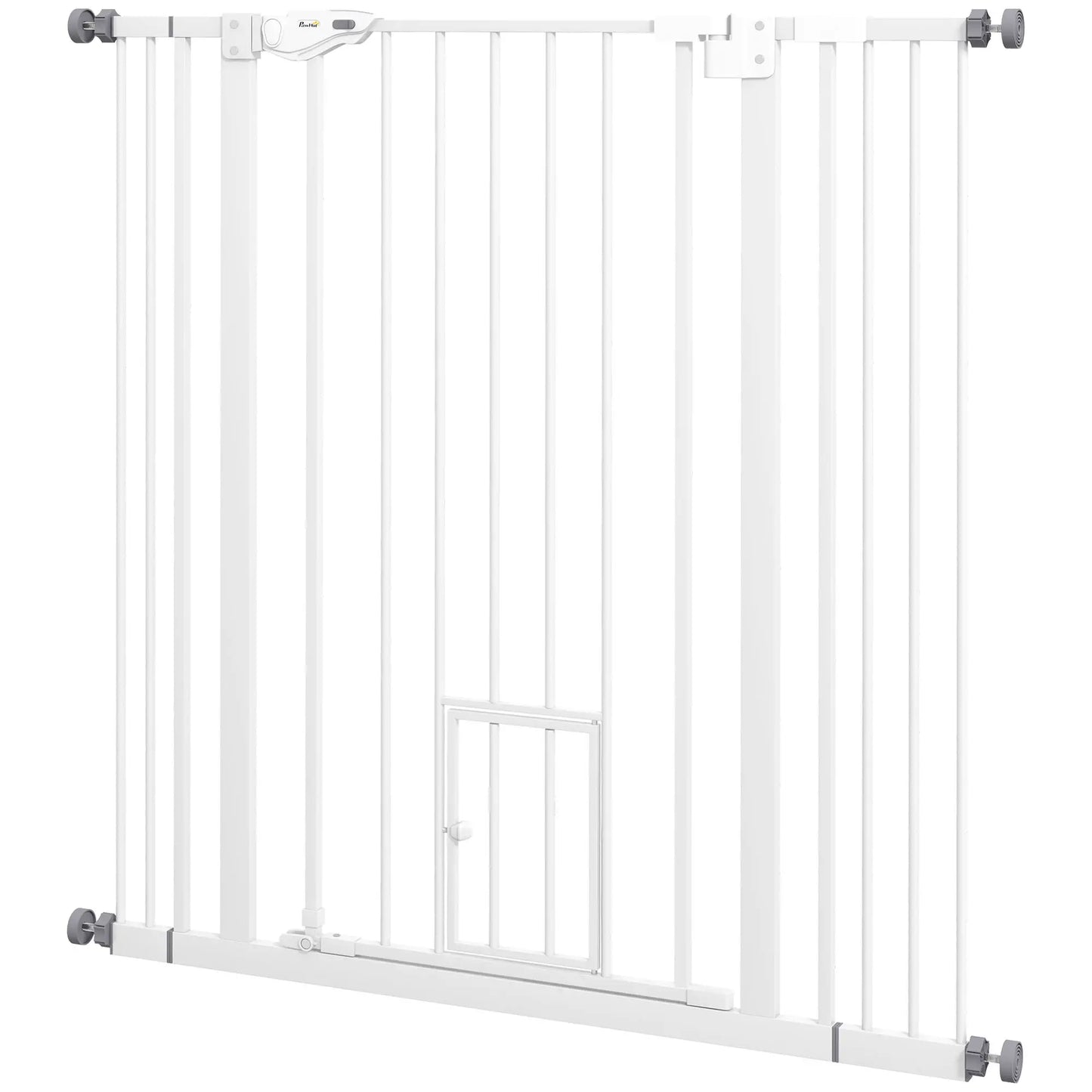 Extra Tall Pet Gate, Indoor Dog Safety Gate, with Cat Flap, Auto Close, 74-101cm Wide - White | PawHut-0