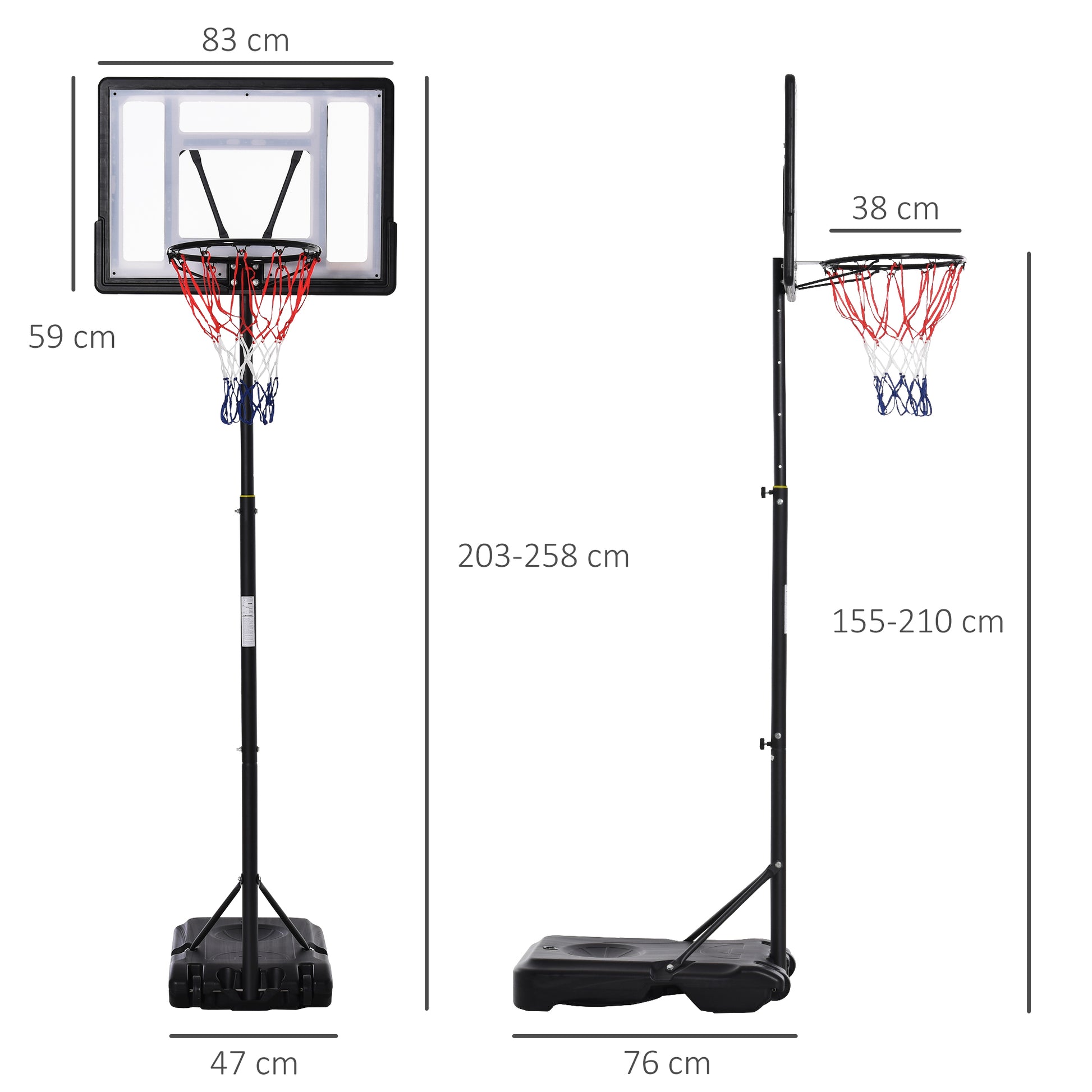 Height Adjustable Basketball Hoop and Stand, Free Standing Basketball Hoop System with Fillable Base and Wheels, for Teens Junior | HOMCOM-1