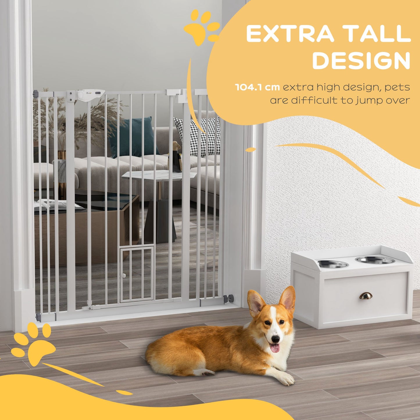 Extra Tall Pet Gate, Indoor Dog Safety Gate, with Cat Flap, Auto Close, 74-101cm Wide - White | PawHut-6