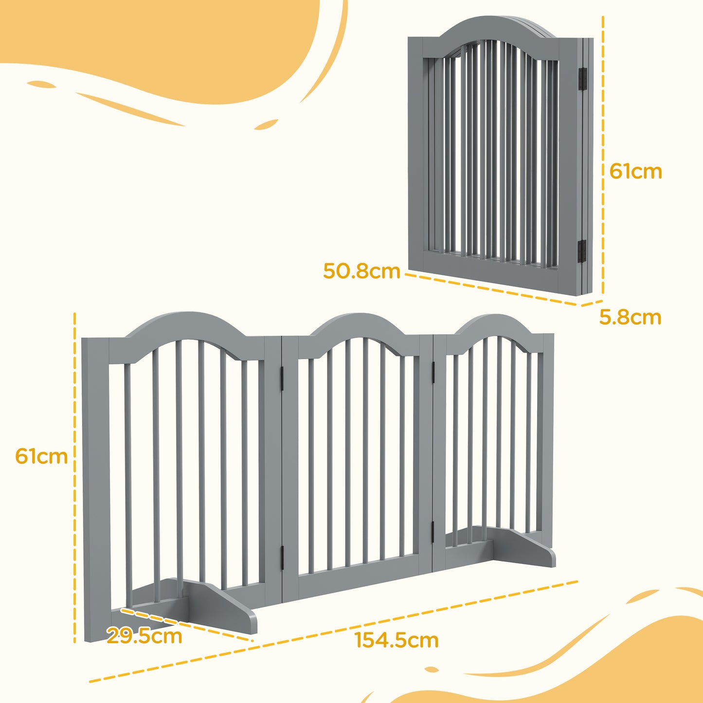 PawHut 3 Panels Dog Gate with Support Feet Fence Safety Barrier Freestanding Wood in Light Grey-1