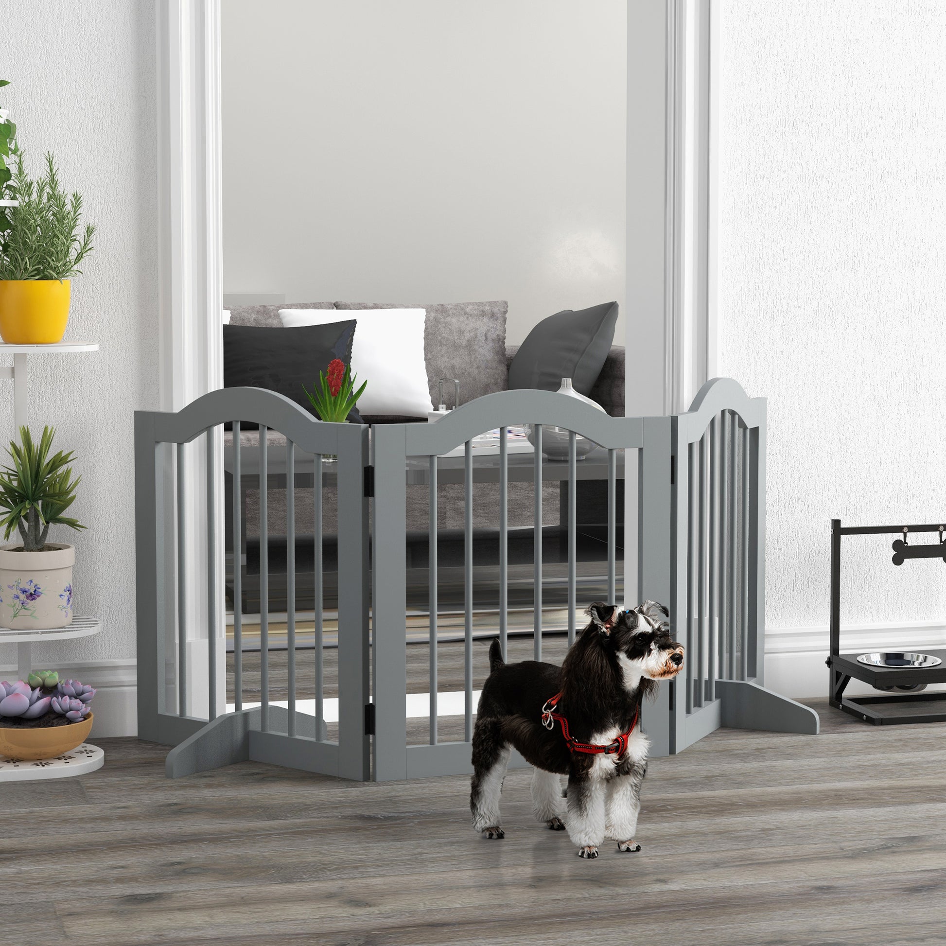 PawHut 3 Panels Dog Gate with Support Feet Fence Safety Barrier Freestanding Wood in Light Grey-8